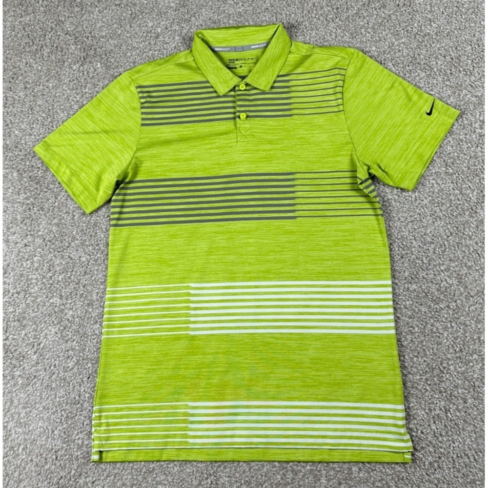 Nike Polo Shirt Mens‎ Medium Yellow Green Striped Dri Fit Short Sleeve Golf